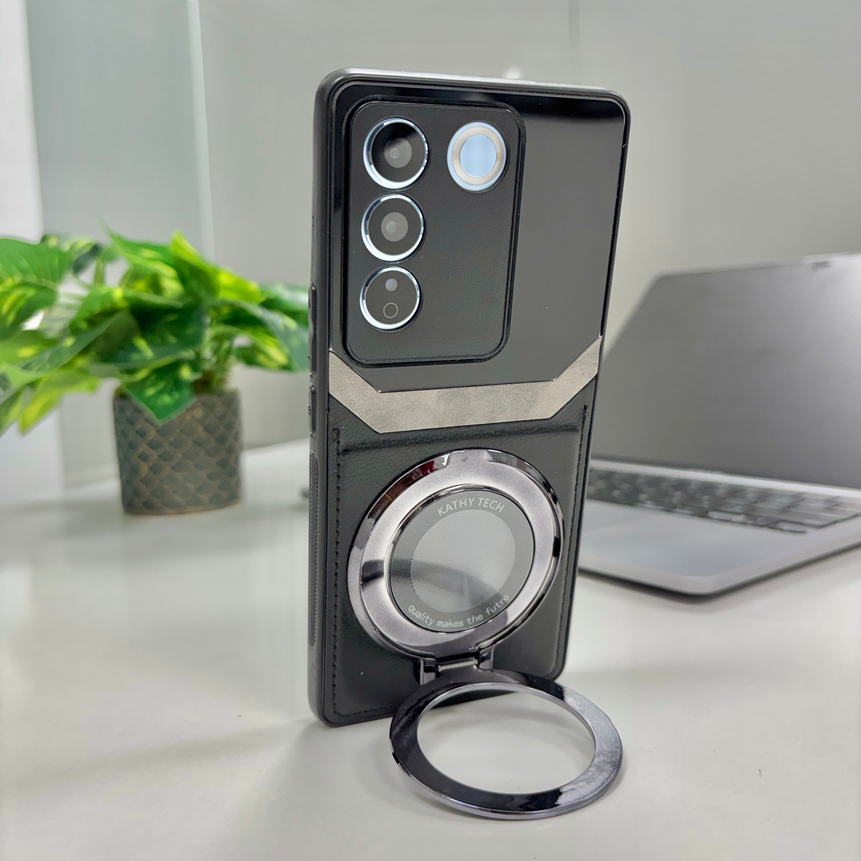 Vivo V27 5G Original Luxury Leather Lens Magnifier Ring Stand Case